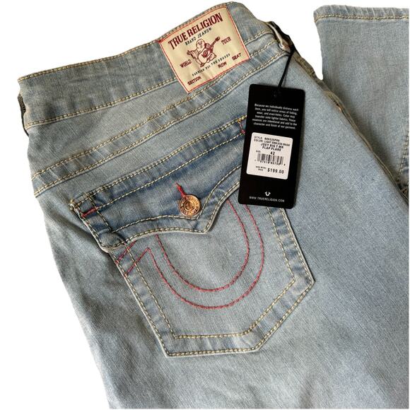 NWT TRUE RELIGION Joey Mid Rise Flap Flare Jeans Light Wash W42 - Picture 2 of 10